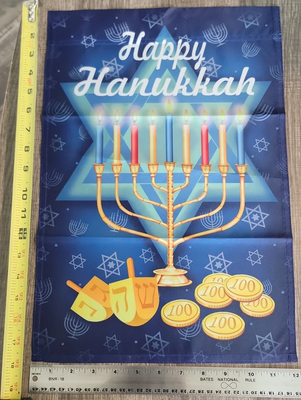 Deco Hanukkah Garden Flag Multi-colored. Hanukkah Candles, dreidels, & Coins